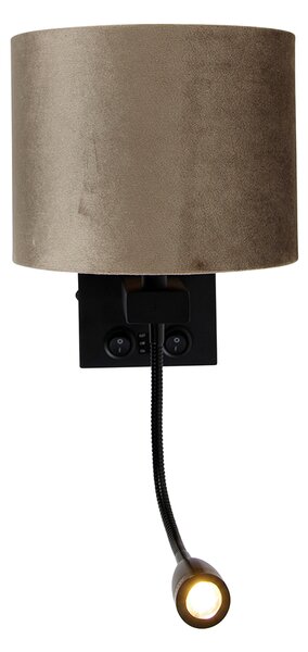 Lampada da parete nera con paralume in velluto taupe 18 cm - Brescia Combi