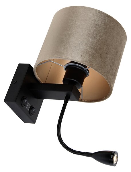 Lampada da parete nera con paralume in velluto taupe 18 cm - Brescia Combi