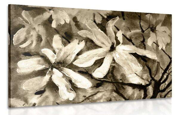 Quadro su tela – Albero acquerellato in fiore in versione seppia