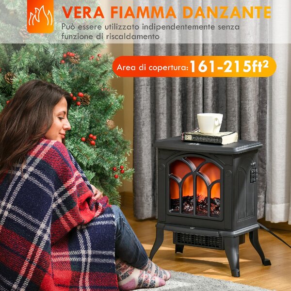 DecHome Camino Elettrico da Terra con 2 Livelli di Potenza 750/1500 W Effetto Fiamma Area di Copertura 15-20 m colore Nero - W699BK