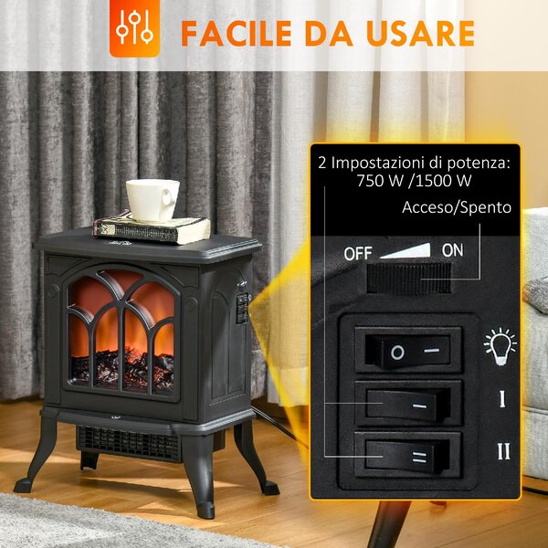DecHome Camino Elettrico da Terra con 2 Livelli di Potenza 750/1500 W Effetto Fiamma Area di Copertura 15-20 m colore Nero - W699BK