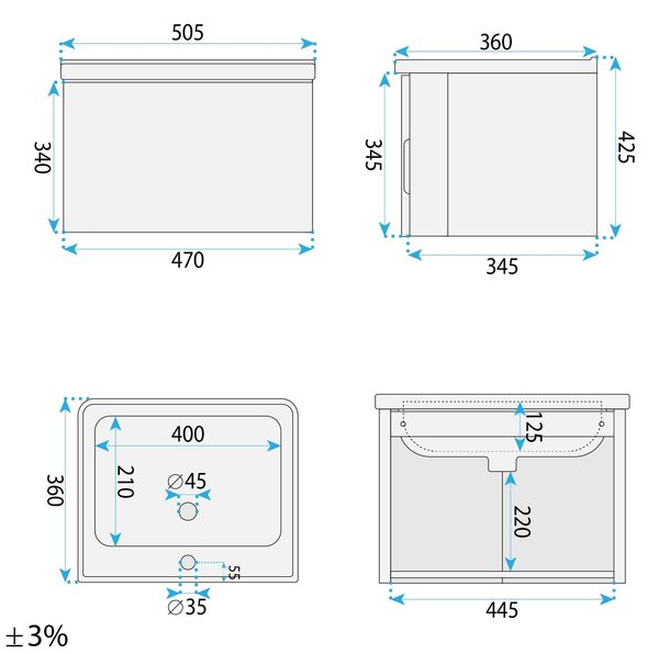 Mobile bagno con lavabo Rea DB85-50-3 Orio Light 50cm