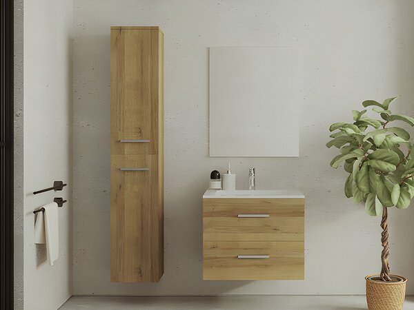 Mobile bagno sospeso con lavabo singolo e colonna portaoggetti 60 cm Naturale Chiaro - KAYLA