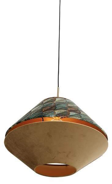 Lampada a sospensione moderna bronzo con doppio paralume in velluto con motivo a foglie e beige - Combi 1