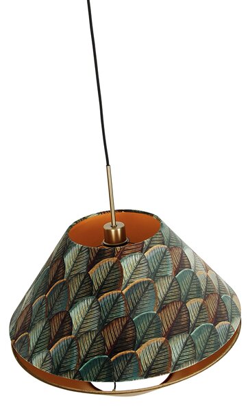 Lampada a sospensione moderna bronzo con doppio paralume in velluto con motivo a foglie e beige - Combi 1