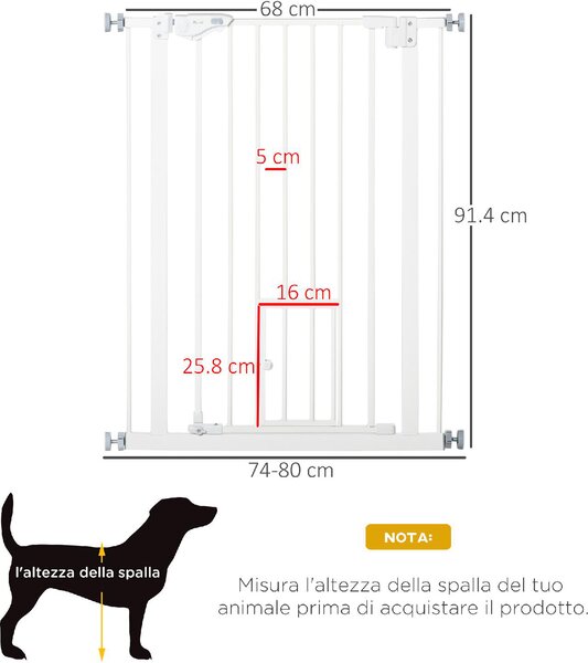 AllMyPets Cancelletto per Cani con Porta Piccola, Montaggio a Pressione e Chiusura Automatica 74-80x91.4 cm colore Bianco - 23A476F