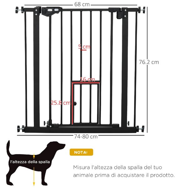 AllMyPets Cancelletto per Cani con Fissaggio a Pressione Estensibile da 74-80cm con Chiusura Automatica Nero - 122BKD06