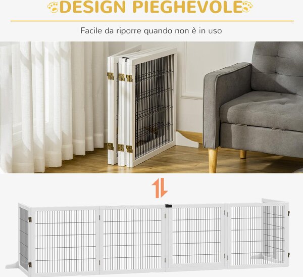 AllMyPets Cancelletto per Cani di Piccola/Media Taglia a 6 Pannelli Pieghevoli in Legno e Acciaio 432x36x70 cm colore Bianco - DHD0638