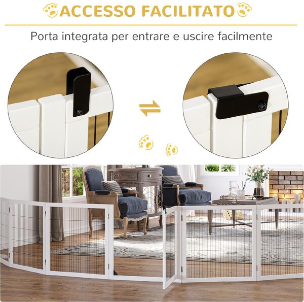 AllMyPets Cancelletto per Cani di Piccola/Media Taglia a 6 Pannelli Pieghevoli in Legno e Acciaio 432x36x70 cm colore Bianco - DHD0638