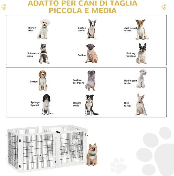 AllMyPets Cancelletto per Cani di Piccola/Media Taglia a 6 Pannelli Pieghevoli in Legno e Acciaio 432x36x70 cm colore Bianco - DHD0638