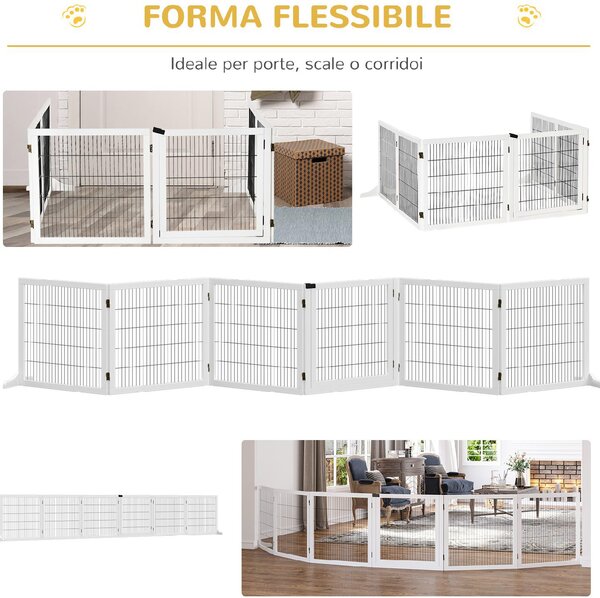 AllMyPets Cancelletto per Cani di Piccola/Media Taglia a 6 Pannelli Pieghevoli in Legno e Acciaio 432x36x70 cm colore Bianco - DHD0638