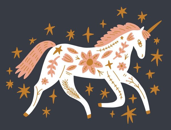 Stampa su tela – Unicorno fiabesco in stile folk