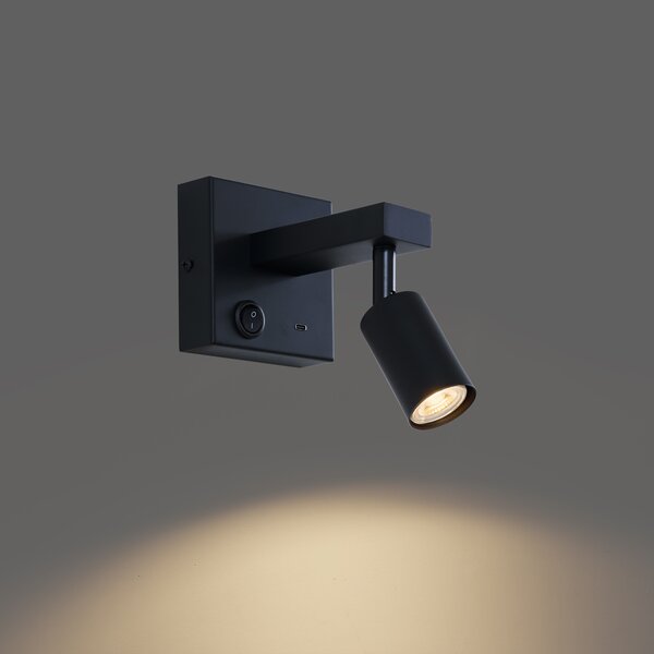 Lampada da parete nera moderna con USB-C inclinabile - Rex