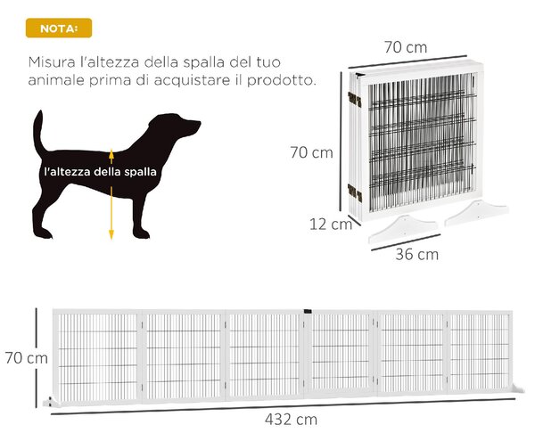 AllMyPets Cancelletto per Cani di Piccola/Media Taglia a 6 Pannelli Pieghevoli in Legno e Acciaio 432x36x70 cm colore Bianco - DHD0638