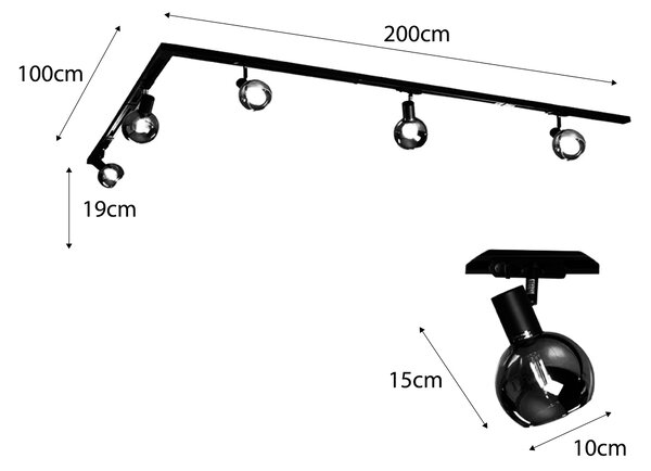 Sistema di illuminazione a binario moderno con 5 faretti neri monofase - Iconic Lava