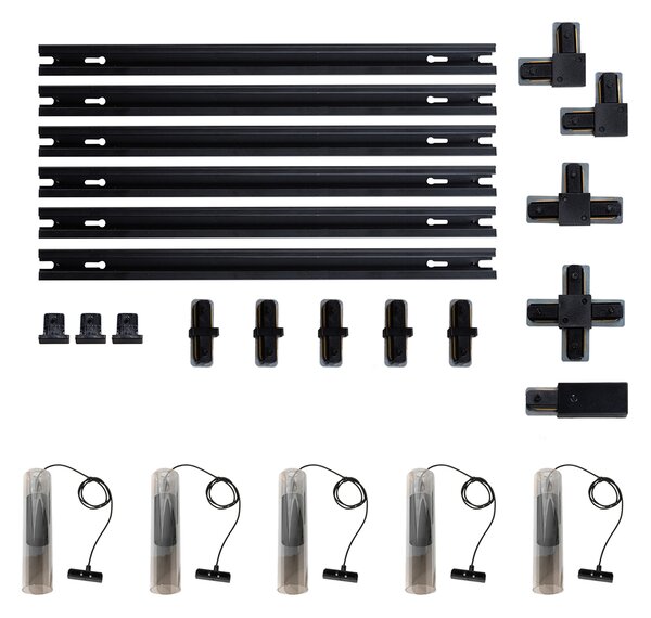 Sistema di illuminazione su binario moderno con 5 faretti a sospensione neri monofase - Iconic Lloyd