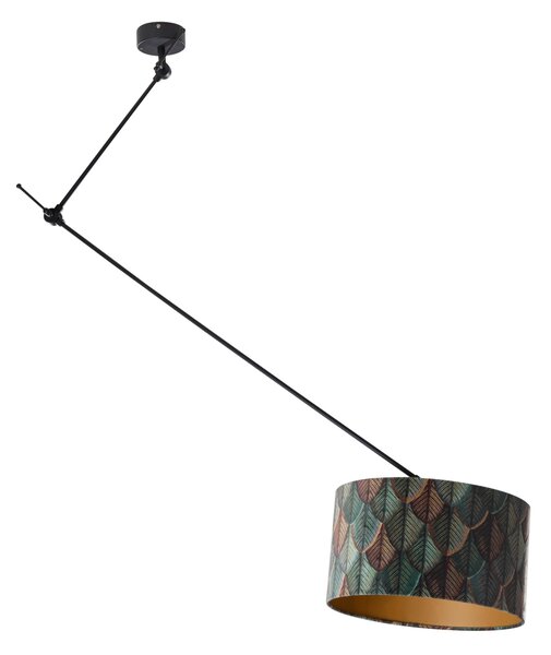 Lampada a sospensione nera con paralume in velluto con motivo a foglie e interno dorato 40/40/40 - Blitz