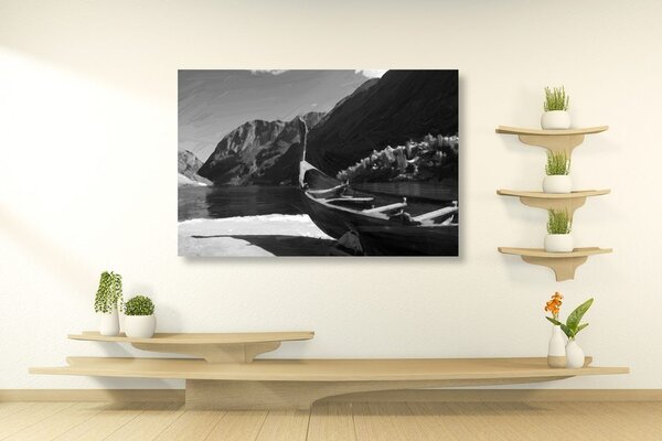Quadro su tela – Nave vichinga di legno in bianco e nero