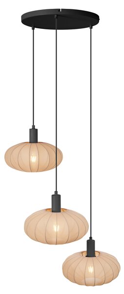 Lampada a sospensione Japandi nera con paralume in tessuto marrone a 3 luci - Bida