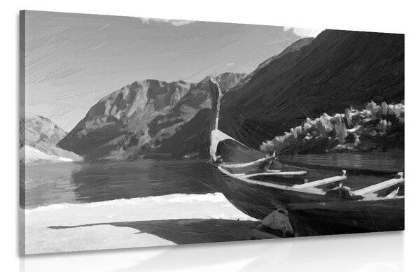 Quadro su tela – Nave vichinga di legno in bianco e nero
