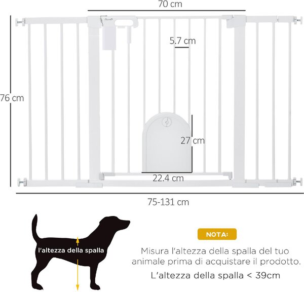 AllMyPets Cancelletto per Cani Estensibile con Porta a Chiusura Automatica in Metallo e ABS 75-131x76 cm Bianco - 110V02-D06