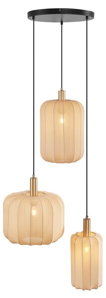 Lampada a sospensione Japandi nera e oro con paralume beige a 3 luci - Pluni