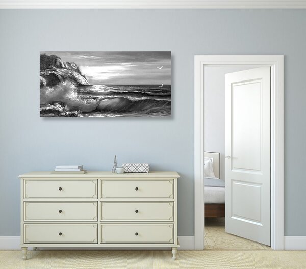 Quadro su tela – Onde marine sulla costa in bianco e nero