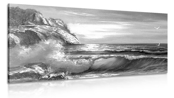 Quadro su tela – Onde marine sulla costa in bianco e nero