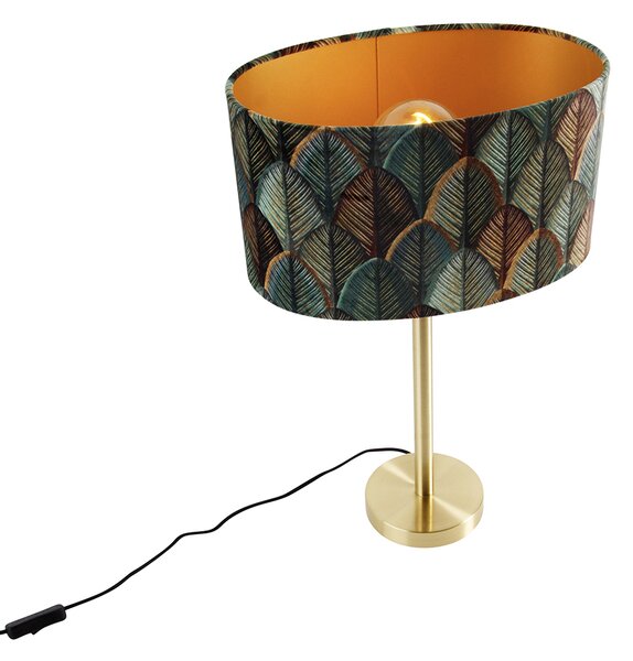 Lampada da tavolo ottone con paralume ovale in velluto motivo a foglie 35cm - Simplo