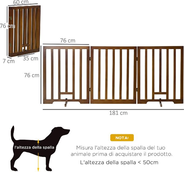 AllMyPets Cancelletto per Cani Pieghevole a 3 Pannelli con Piedini Antiscivolo per Corridoi Scale e Stanze in Legno di Pino 181x35x76 cm Marrone Sc