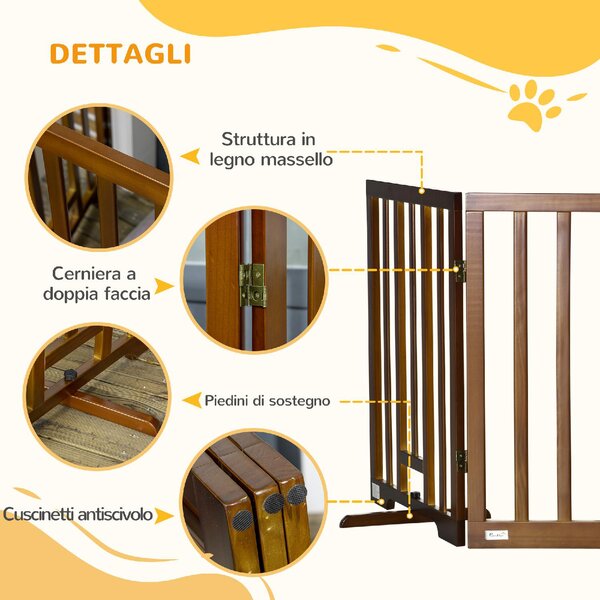 AllMyPets Cancelletto per Cani Pieghevole a 3 Pannelli con Piedini Antiscivolo per Corridoi Scale e Stanze in Legno di Pino 181x35x76 cm Marrone Sc