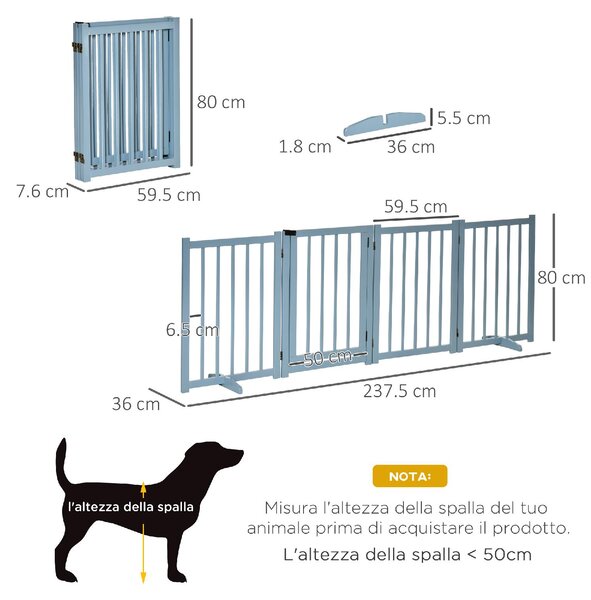 AllMyPets Cancelletto per Cani Pieghevole Taglia Piccola/Media con 4 Pannelli in Legno e Porta, 237.5x36x80 cm colore Grigio - L3757GY