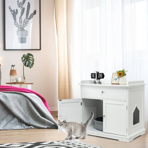 Costway Armadietto moderno lettiera per gatti, Mobile per lettiera per gatti con cassetto e 2 porte Bianco