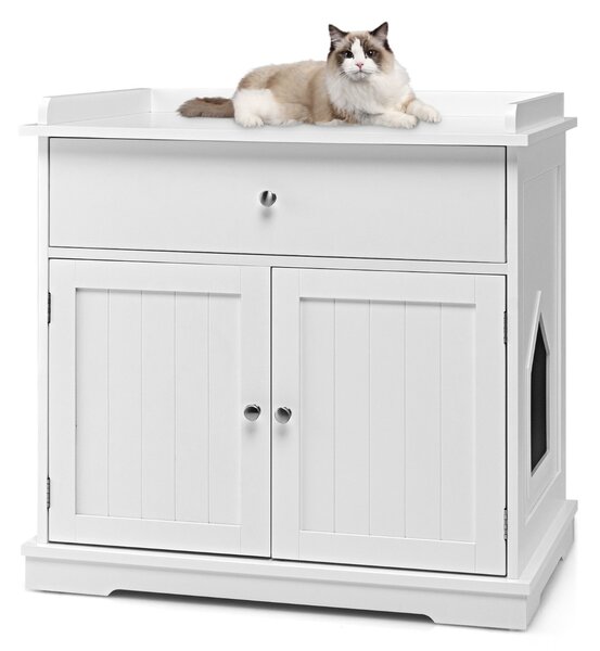 Costway Armadietto moderno lettiera per gatti, Mobile per lettiera per gatti con cassetto e 2 porte Bianco