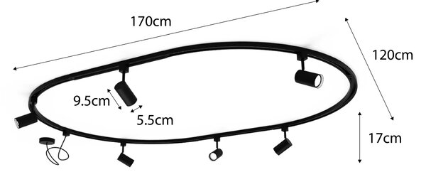 Sistema di illuminazione a binario moderno con 6 faretti neri, monofase, ovale 100 cm - Iconic Jeana