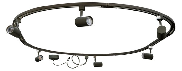 Sistema di illuminazione a binario moderno con 6 faretti neri, monofase, ovale 100 cm - Iconic Jeana