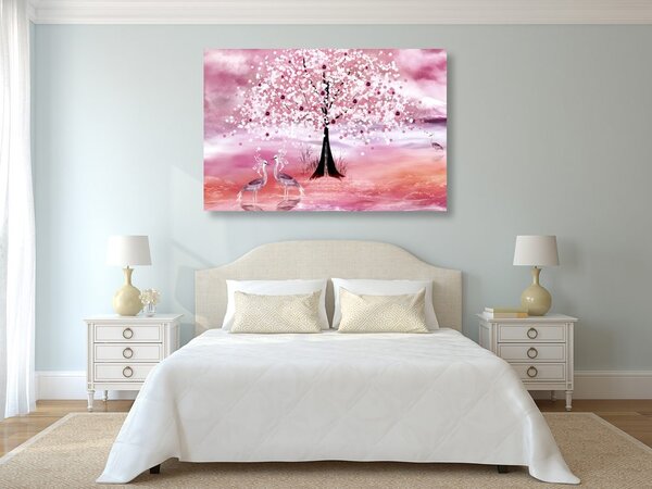 Stampa su tela – Aironi sotto un albero magico in versione rosa