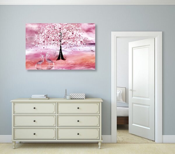 Stampa su tela – Aironi sotto un albero magico in versione rosa