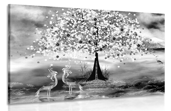 Quadro su tela – Aironi sotto un albero magico in bianco e nero