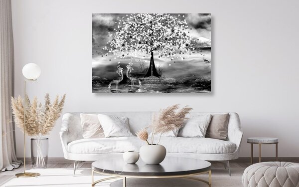 Quadro su tela – Aironi sotto un albero magico in bianco e nero