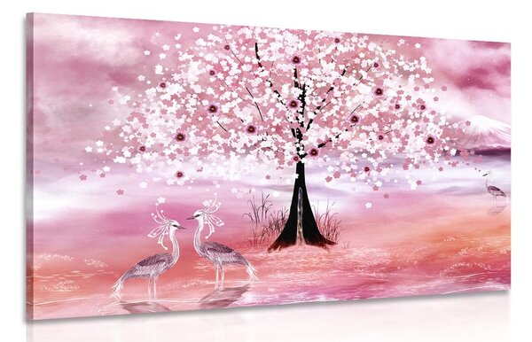 Stampa su tela – Aironi sotto un albero magico in versione rosa