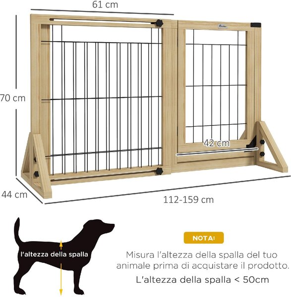 AllMyPets Cancellino per Cani Estensibile con Porta e 2 Pannelli Piedini Triangolari 112-159x70 cm colore Legno Naturale