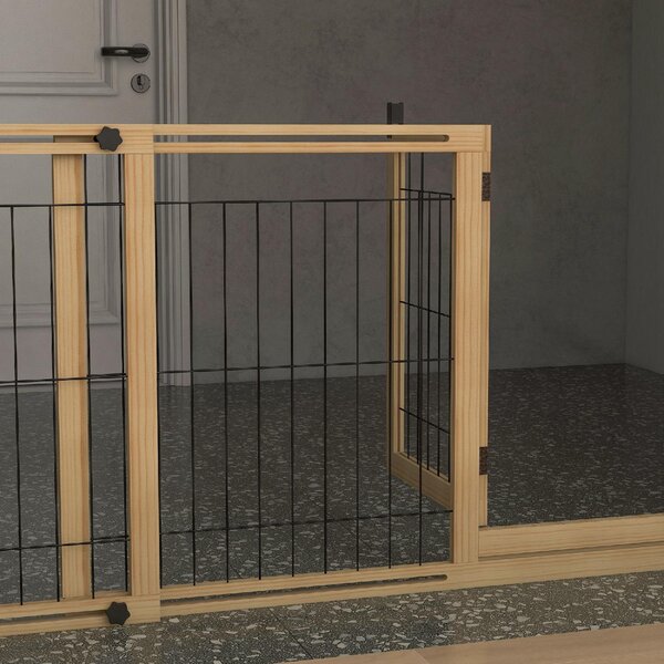 AllMyPets Cancellino per Cani Estensibile con Porta e 2 Pannelli Piedini Triangolari 112-159x70 cm colore Legno Naturale