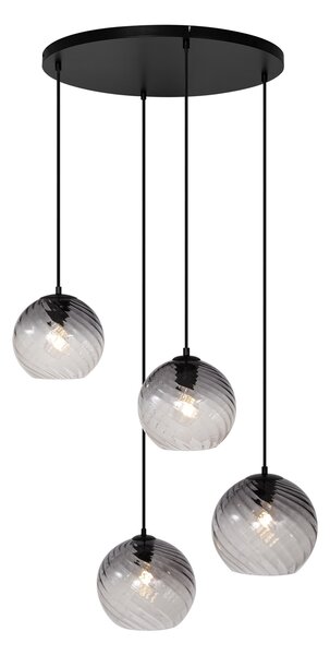 Lampada a sospensione Art Déco nera con vetro fumé rotondo a 4 luci - Bao