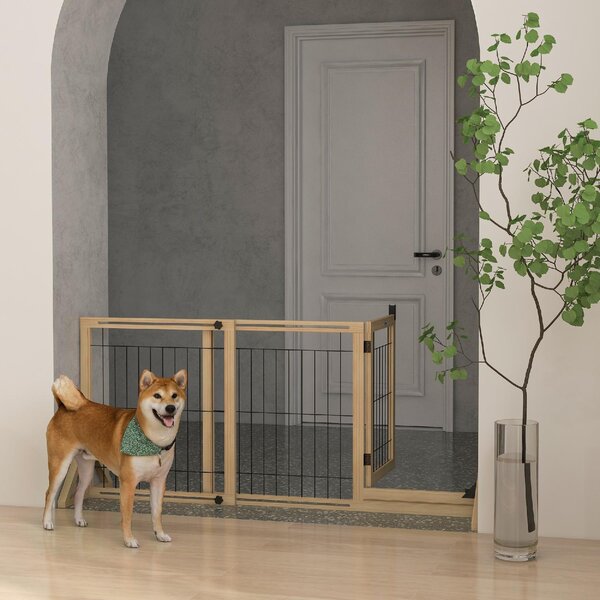 AllMyPets Cancellino per Cani Estensibile con Porta e 2 Pannelli Piedini Triangolari 112-159x70 cm colore Legno Naturale