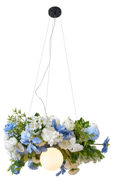 Lampada a sospensione bohémien nera con fiori colorati blu e bianco - Flower Power