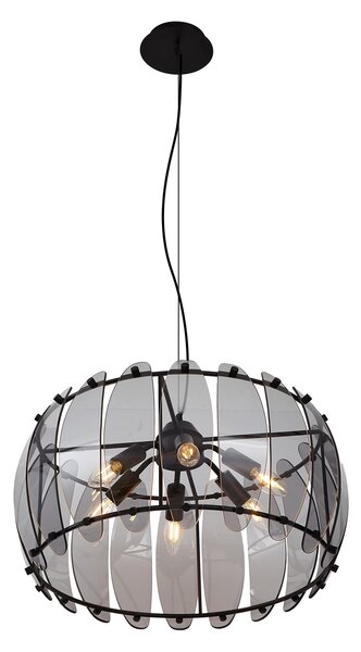 Lampada a sospensione di design nera con vetro fumé rotondo a 6 luci - Mochan