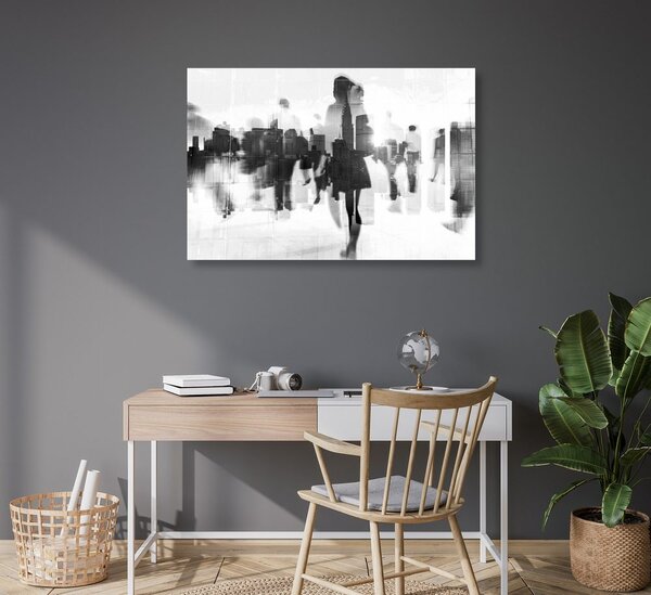 Quadro su tela – Silhouette di persone in metropoli in bianco e nero