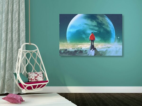 Quadro su tela – Uomo sulla cima della montagna