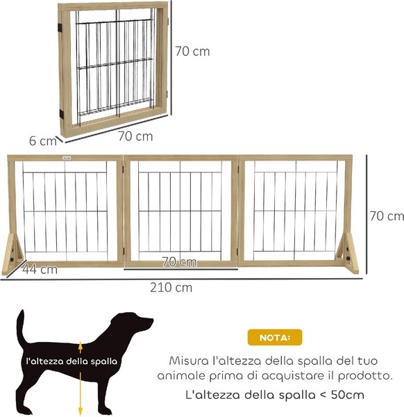 AllMyPets Cancellino per Cani Pieghevole con 3 Pannelli e Piedini Triangolari 210x70 cm colore Legno Naturale